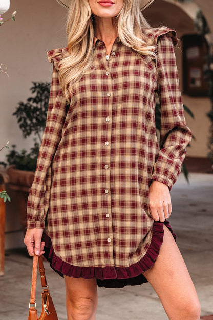 Red Plaid Print Ruffled Long Sleeve Patchwork Hem Mini Shirt Dress - Cowaa