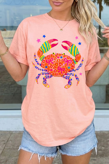 Pink Vibrant Crab Print Casual Round Neck T Shirt