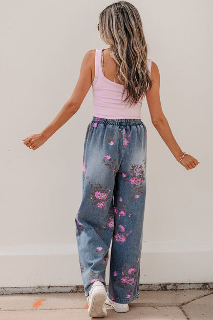 Beau Blue Floral Print Elastic Waist Pull On Casual Jeans - Cowaa