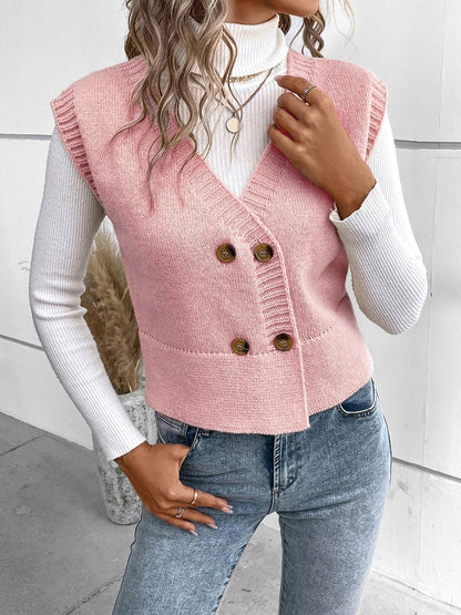 Full Size Button Up V-Neck Sweater Vest - Cowaa
