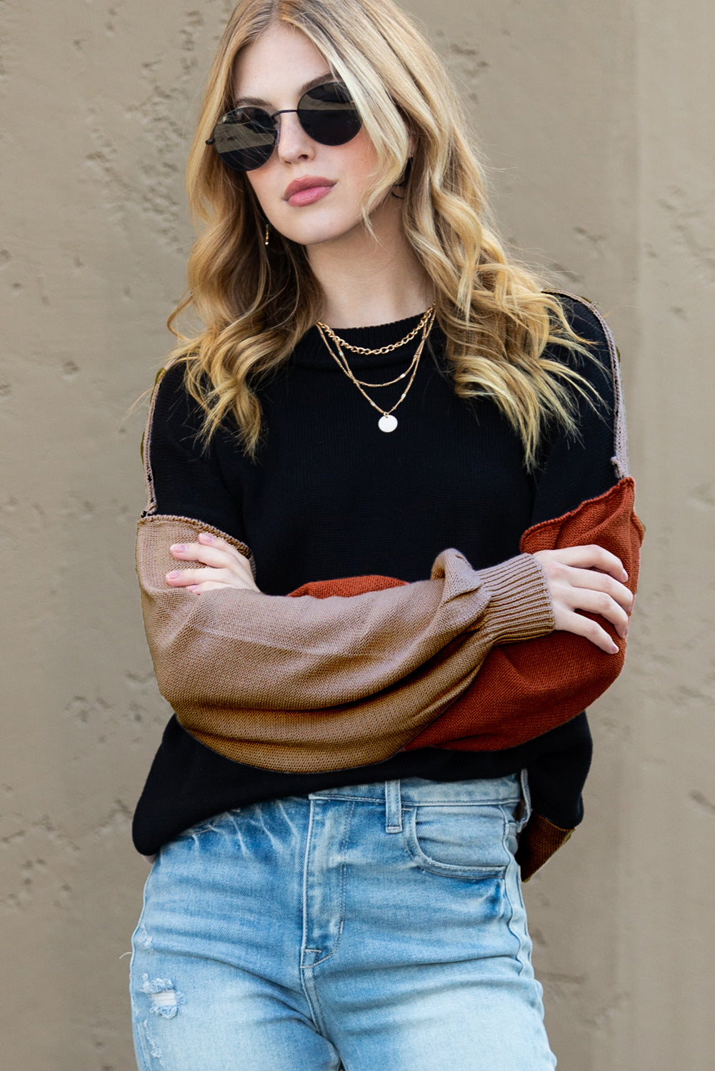 Bishop Sleeve Exposed Seam Ribbed Trim Sweater - Cowaa