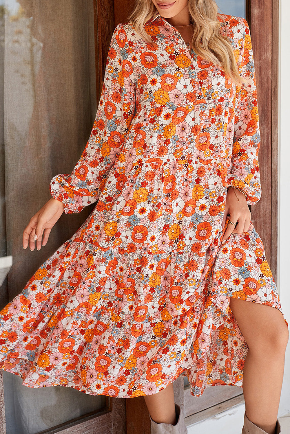 Multicolor Boho Floral Collared Long Sleeve Dress - Cowaa