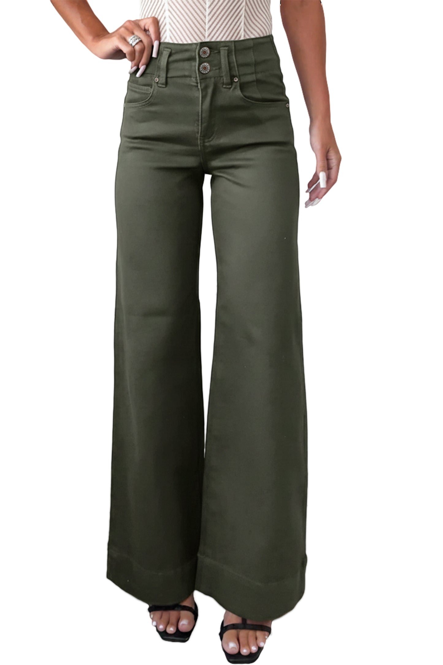 Mist Green 2-Button High Waist Flared Bottom Jeans.