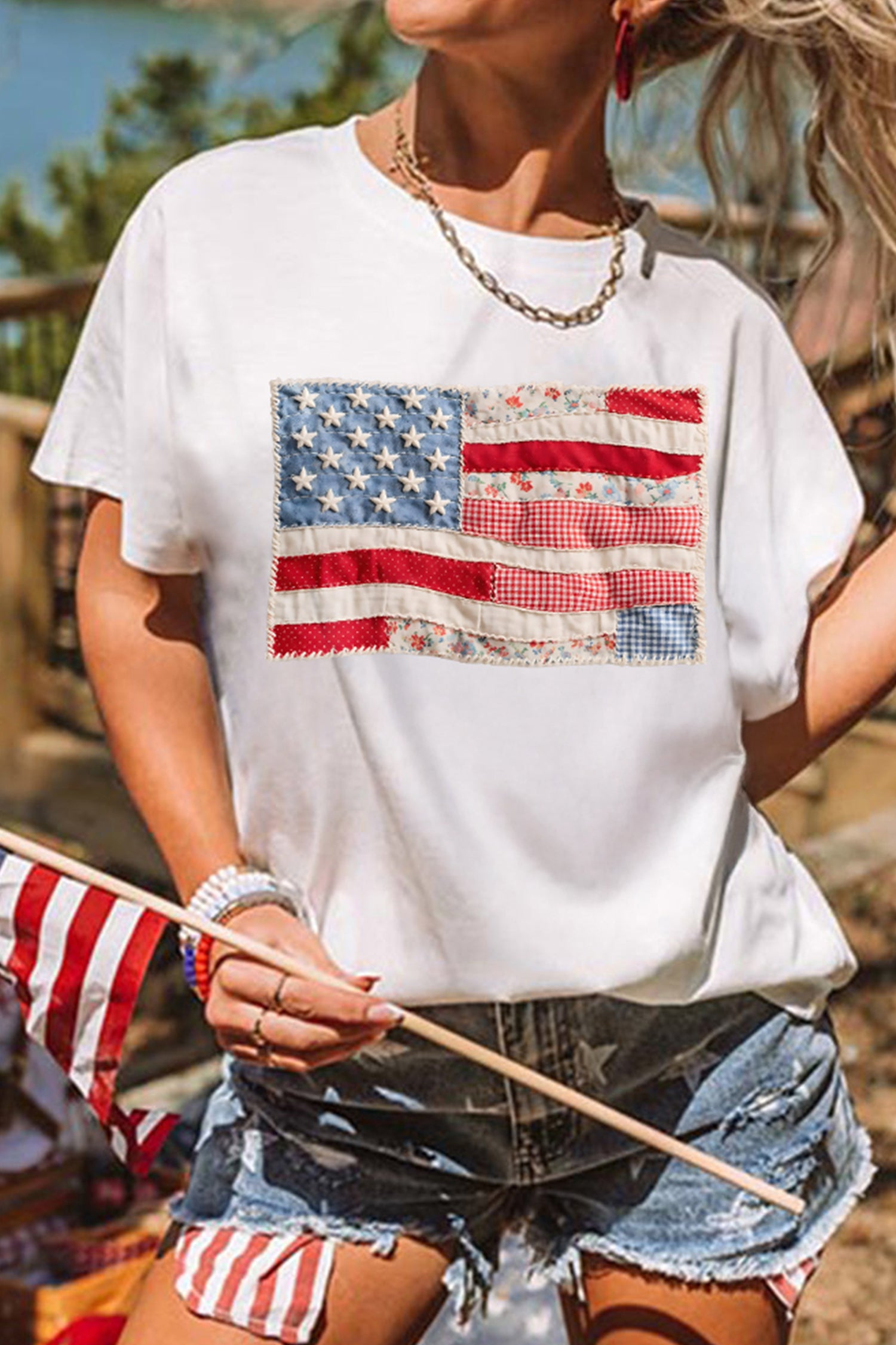 White Faux Patchwork Printed US Flag Casual Tee - Cowaa