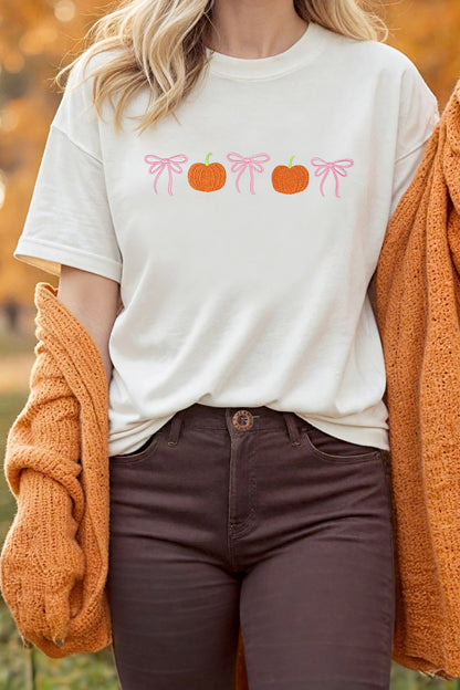 White Embroidered Pumpkin Bow Round Neck Short Sleeve T-Shirt