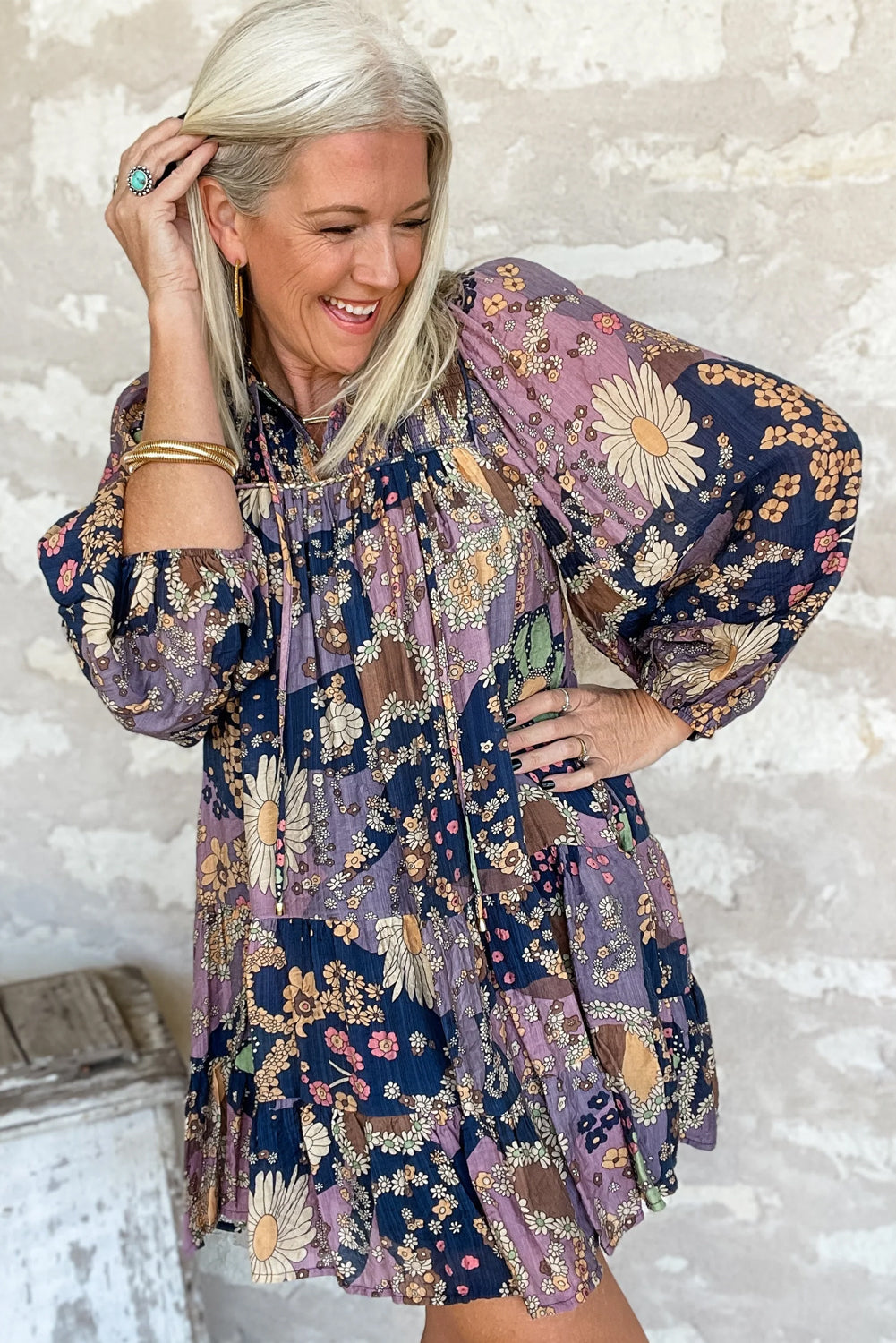 Purple Boho Floral Print Puff Sleeve Flowy Mini Dress - Cowaa