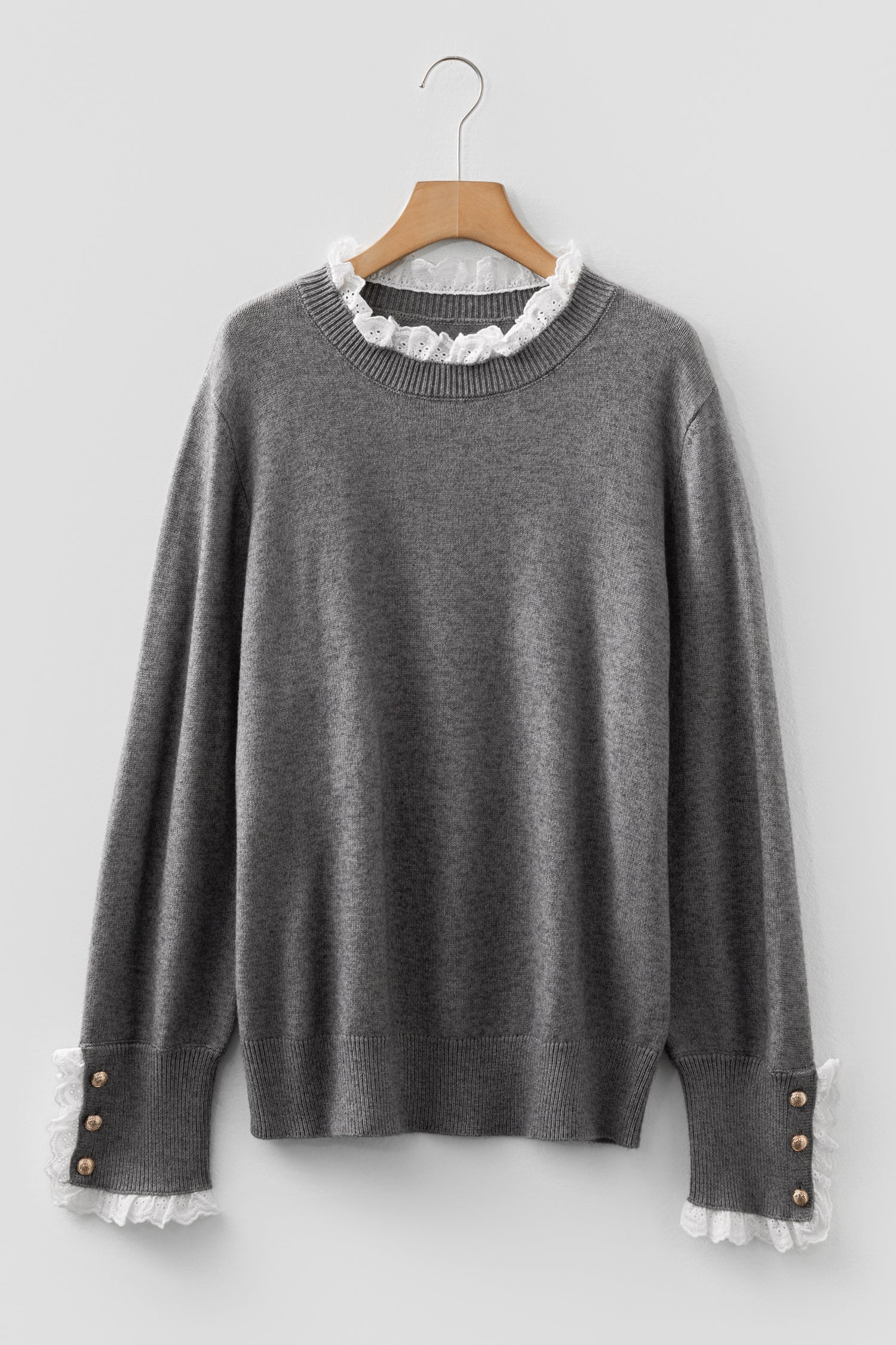 Sleet Lace Trim Patchwork Buttoned Cuffs Loose Sweater - Cowaa