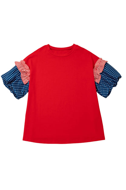 Fiery Red Plus Size Striped Ruffles Star Short Bubble Sleeve Patchwork Top