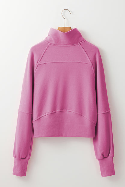 Brown Zip Up Stand Collar Thumbhole Sleeve Sweatshirt - Cowaa