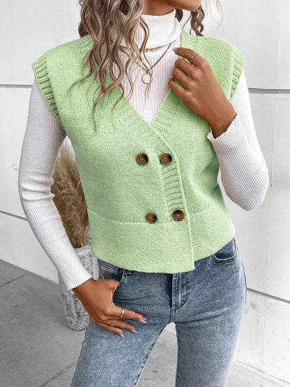 Full Size Button Up V-Neck Sweater Vest - Cowaa