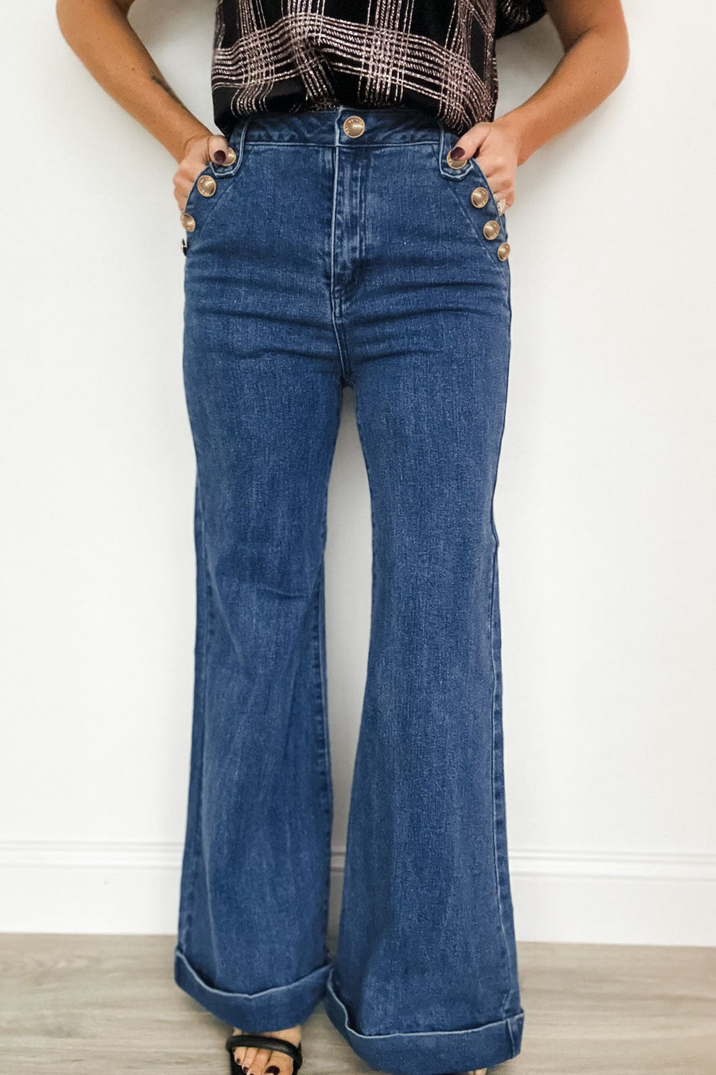 Ashleigh Blue Golden Button Detail Rolled Edge Flare Leg Jeans - Cowaa