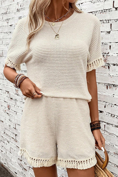 Beige Fringe Trim Waffle Knit Textured Shorts Set - Cowaa