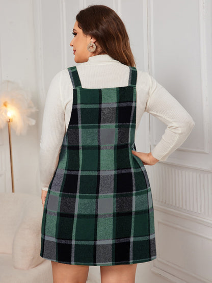Plus Size Plaid Wide Strap Overall Dress - Cowaa