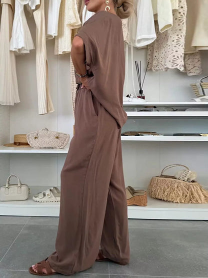 Full Size Casual Loose Round Neck Top and Pants Two-Piece Set Plus Size.