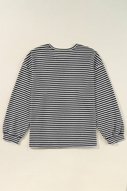 Black Stripe Drop Shoulder Puff Long Sleeve O Neck Plus Size T Shirt - Cowaa