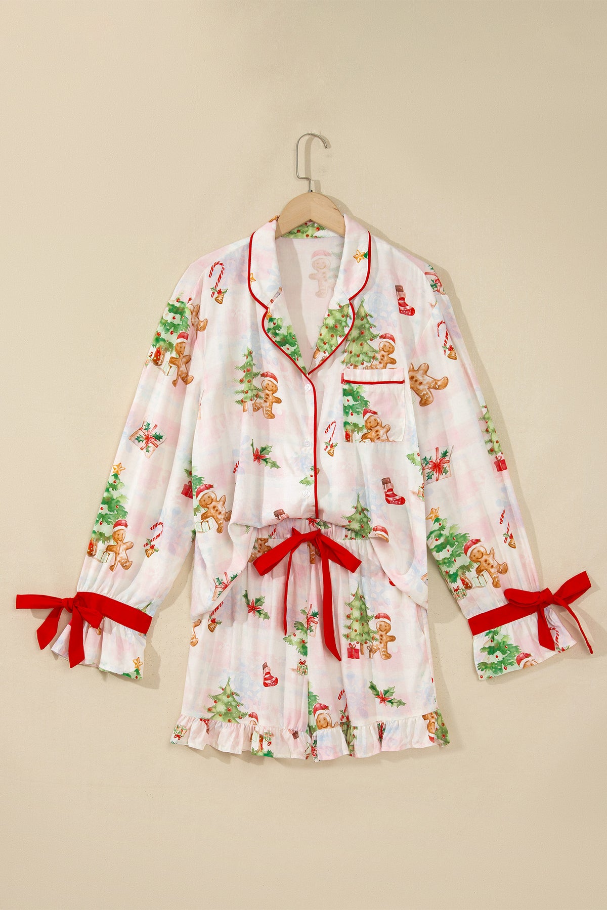 Pink Abstract Christmas Print Long Sleeve Two Piece Shift Lounge Set