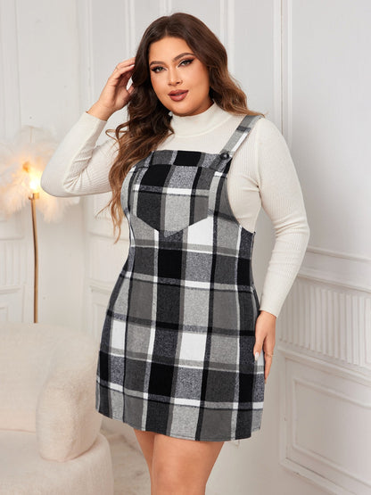 Plus Size Plaid Wide Strap Overall Dress - Cowaa