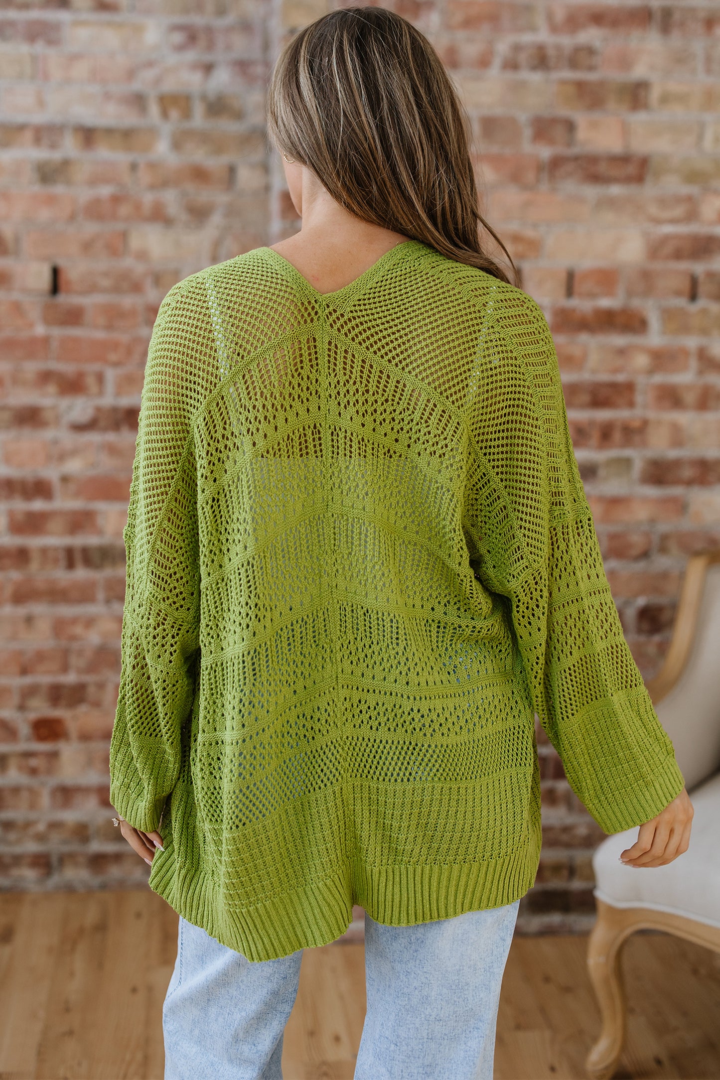 Spinach Green Oversize Crochet Knit Open Cardigan