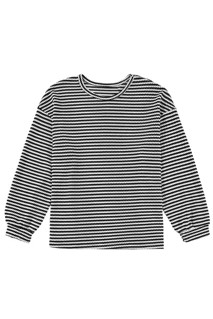 Black Stripe Drop Shoulder Puff Long Sleeve O Neck Plus Size T Shirt - Cowaa