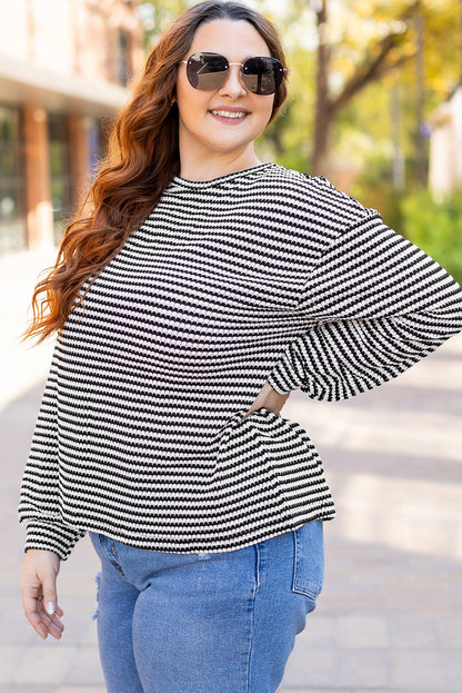 Black Stripe Drop Shoulder Puff Long Sleeve O Neck Plus Size T Shirt - Cowaa