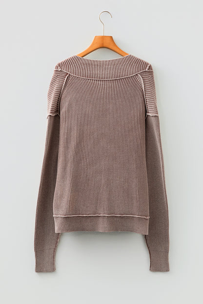 Chestnut Mineral Wash Exposed Seam Patchwork Knit Open Sweater Cardigan - Cowaa