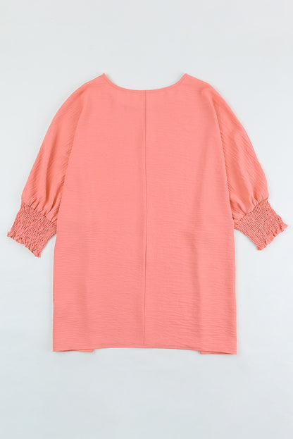 Apricot Solid Casual Smocked Cuffs Batwing Sleeve Blouse - Cowaa