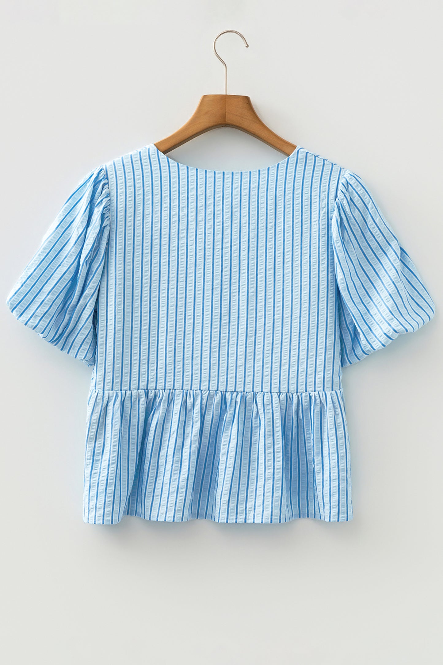 Sky Blue Stripe Bow Knot Textured Short Puff Sleeve Babydoll Blouse - Cowaa