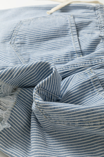 Sky Blue Stripe Raw Edge Drawstring Elastic Waist Casual Denim Shorts - Cowaa