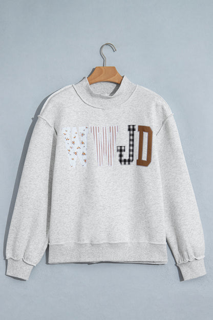 Gray WWJD Mixed Pattern Embroidered Patch Graphic Mock Neck Sweatshirt