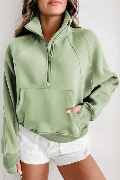 Brown Zip Up Stand Collar Thumbhole Sleeve Sweatshirt - Cowaa