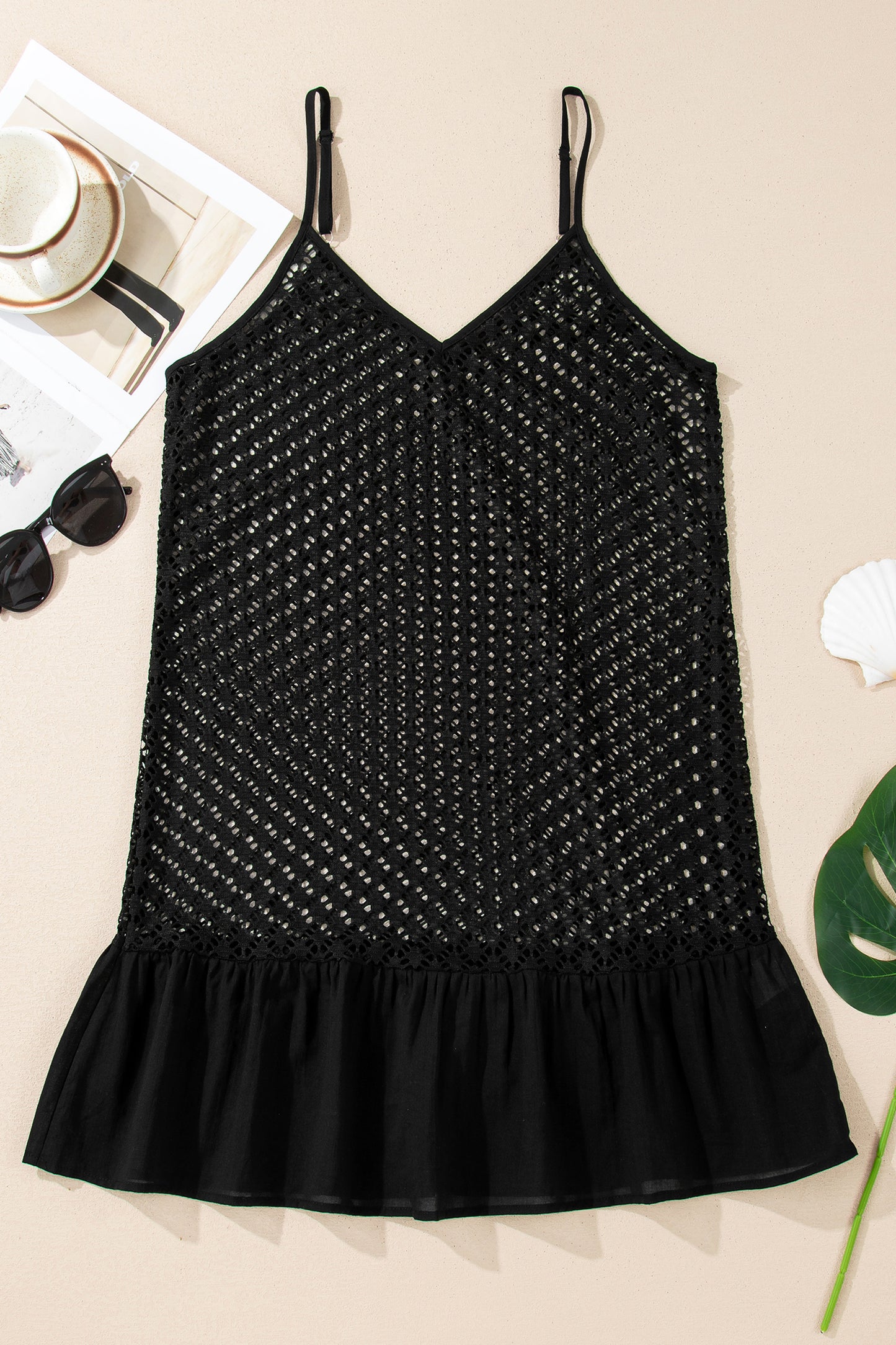 Black See Through Patterned Knit Ruffle Hem Patchwork Beach Cover Up - Cowaa