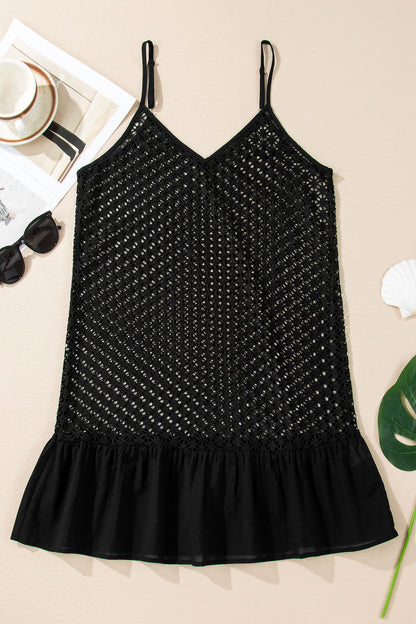 Black See Through Patterned Knit Ruffle Hem Patchwork Beach Cover Up - Cowaa