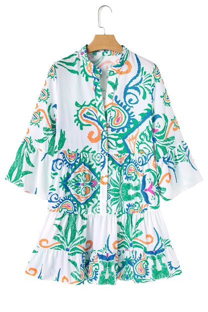 White Ethnic Print Boho Button Tiered Mini Dress - Cowaa