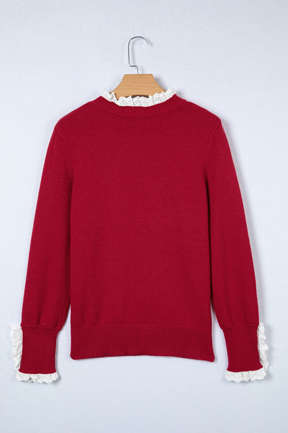 Racing Red Lace Trim Patchwork Buttoned Cuffs Loose Sweater