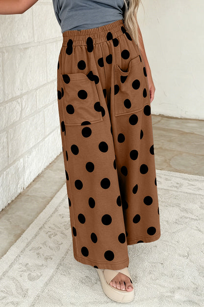 Khaki Polka Dot Wide Leg Elastic Waist Casual Pants