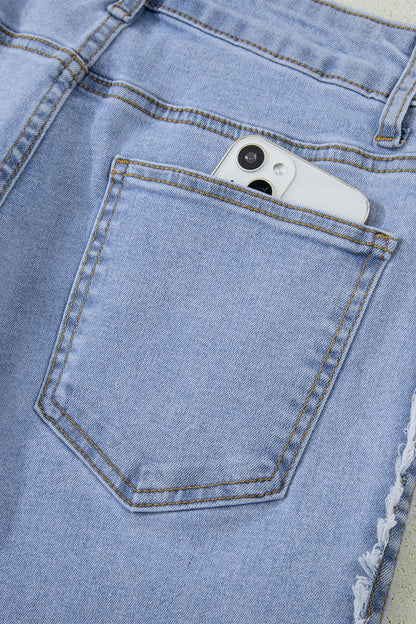 Beau Blue Contrast Stripe Frayed Side Panel Patchwork Shift Jeans - Cowaa