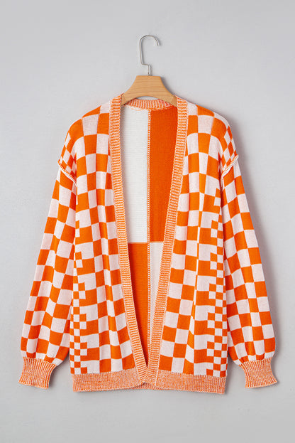 Brown Checkered Open Front Drop Shoulder Cardigan