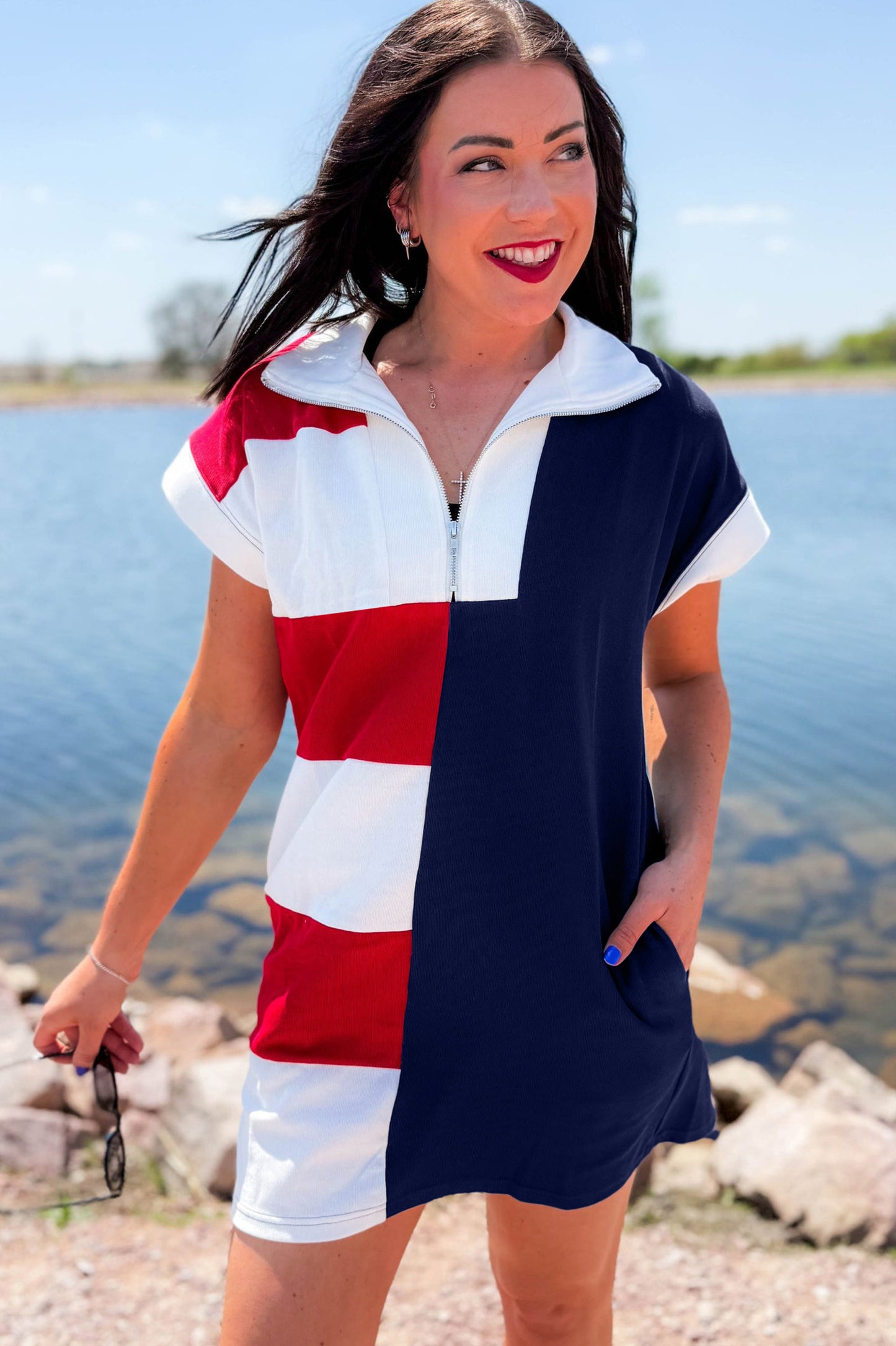 Navy Blue Americana Colorblock Stripes Zip up Collared T Shirt Mini Dress - Cowaa