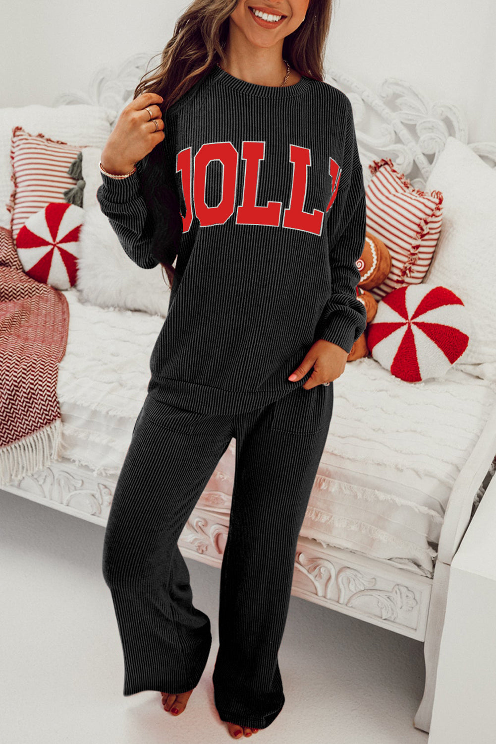 Black Crinkle Rib JOLLY Pattern Long Sleeve Top and Pockets Pants Set - Cowaa