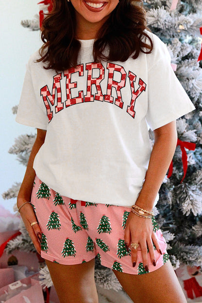 Pink Checkered MERRY Graphic Christmas Tree Print Short Lounge Set - Cowaa