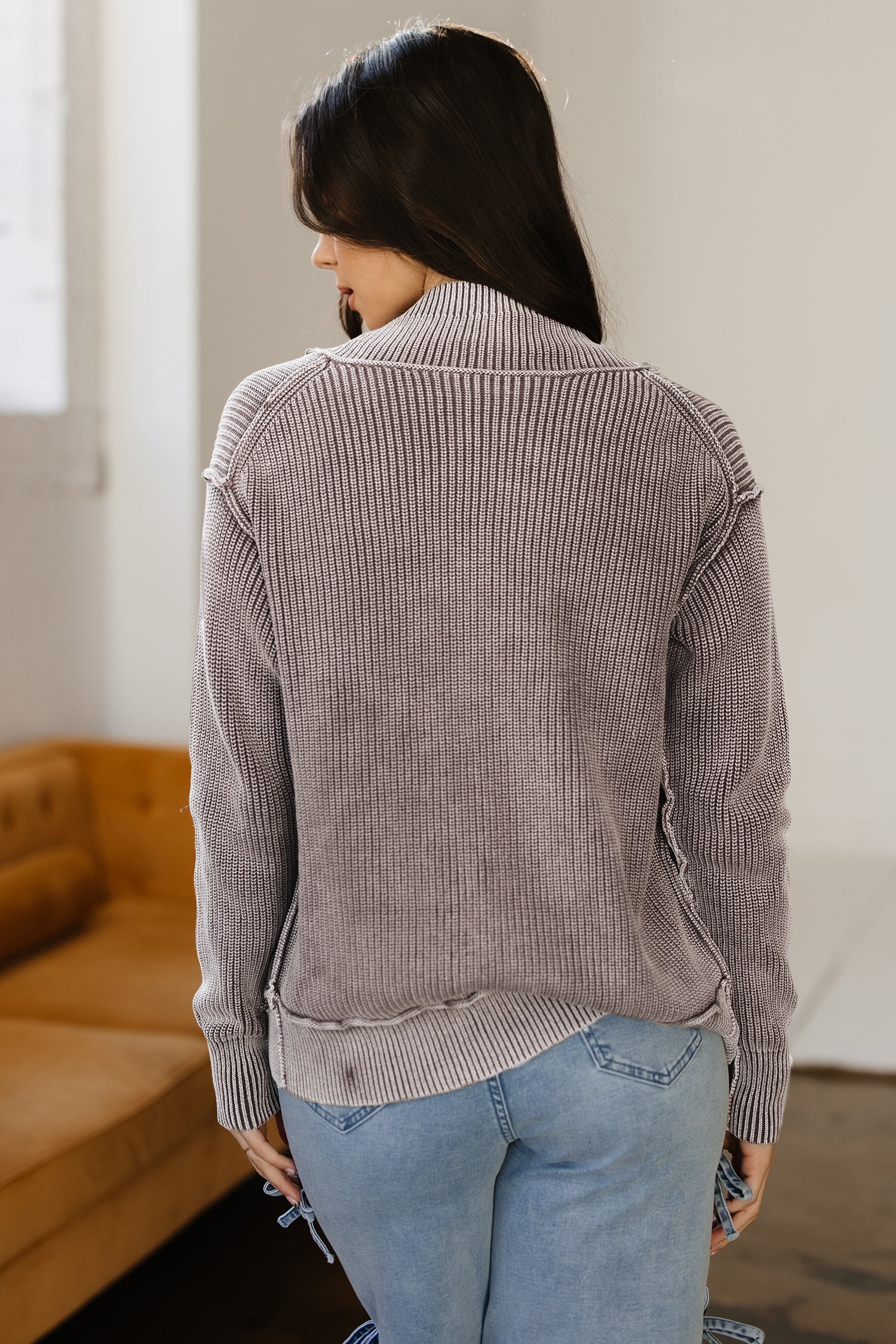 Dark Brown Mineral Wash Exposed Seam Patchwork Knit Open Sweater Cardigan - Cowaa