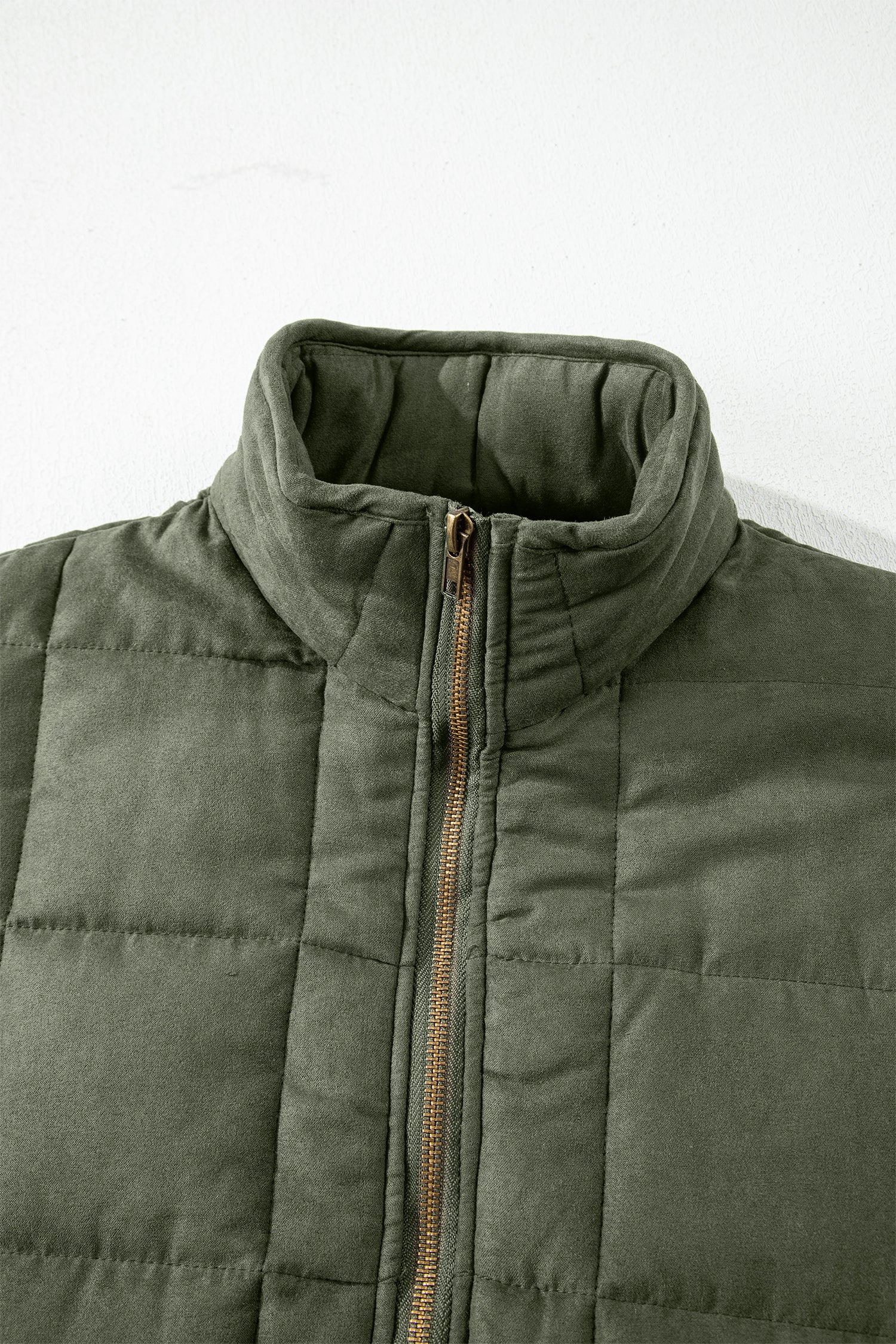 Green Zip-Up Pocket Quilted Jacket - Cowaa