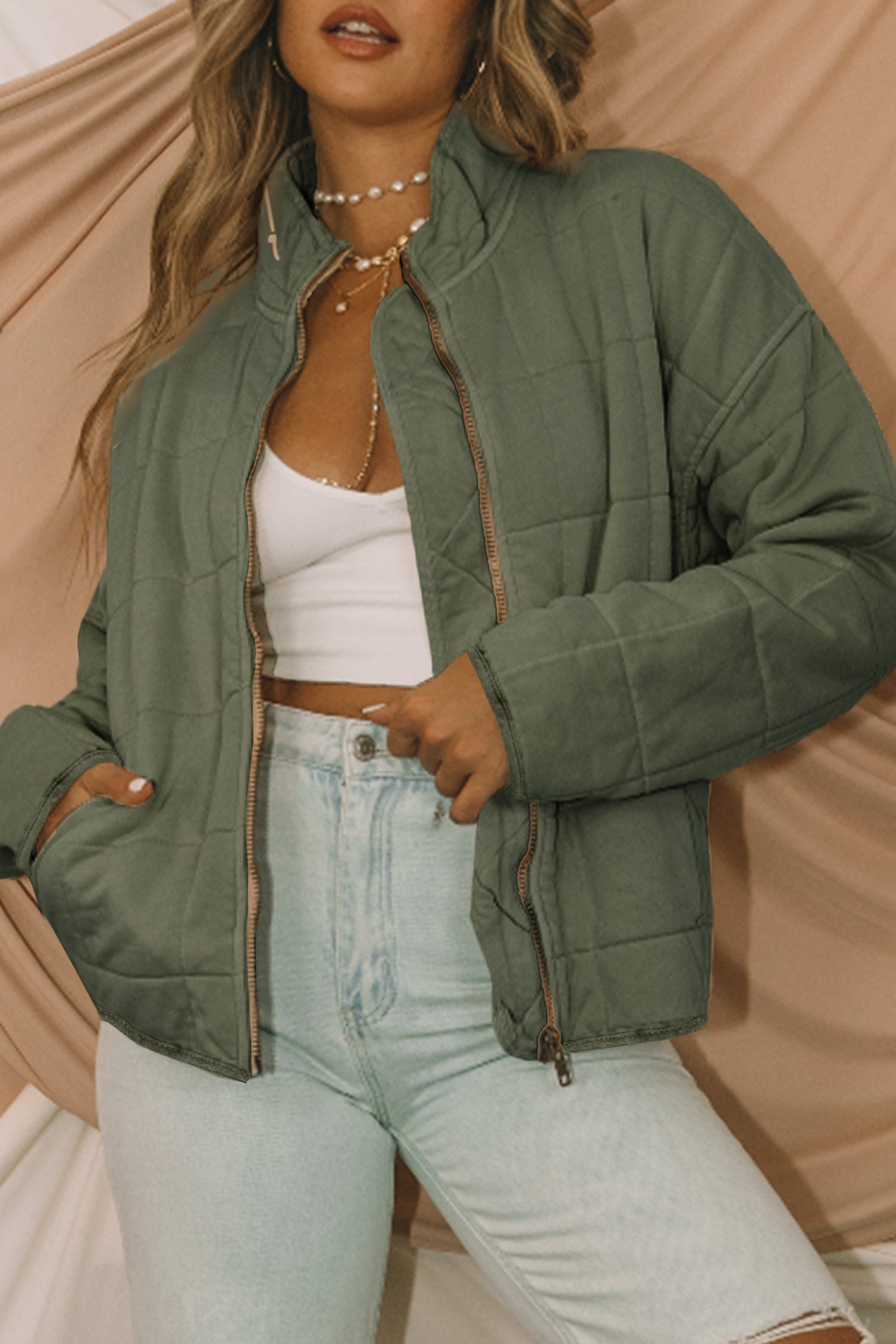 Green Zip-Up Pocket Quilted Jacket - Cowaa