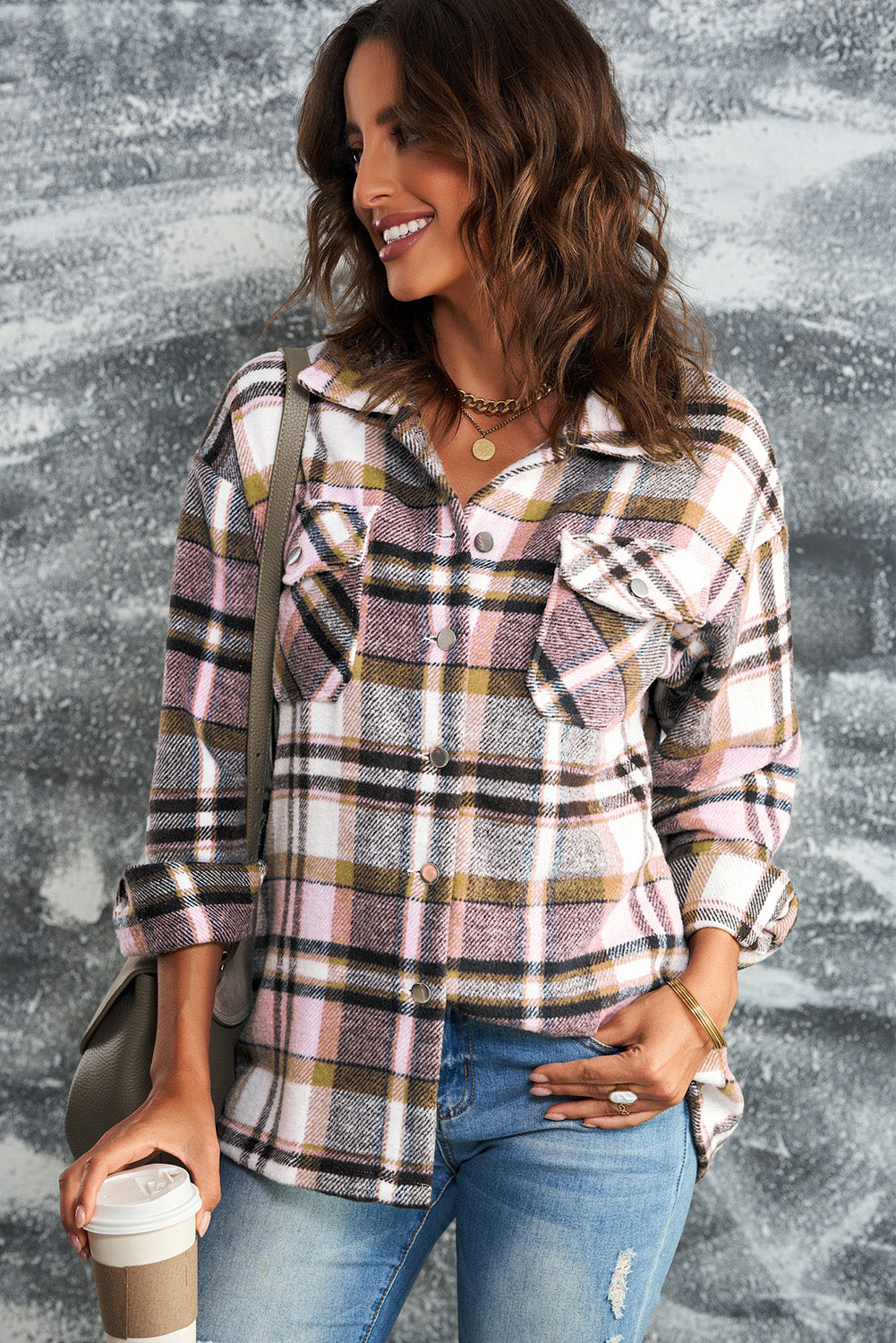Plaid Button Front Pocket Shirt Shacket - Cowaa
