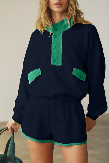 Red Dahlia Colorblock Patchwork Half Button Pullover and Shorts Outfit