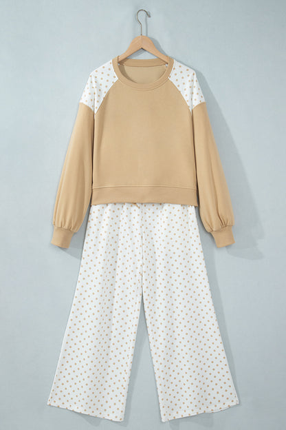 Light Blue Polka Dot Patchwork Colorblock Long Sleeve Casual Two Piece Pants Set