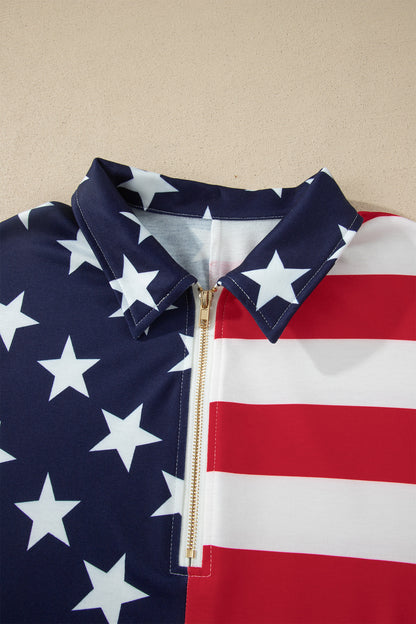 Multicolour Stars Stripes American Flag Zipped Collar Oversized Sweatshirt