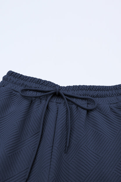Navy Blue Textured Loose Fit T Shirt and Drawstring Pants Set - Cowaa