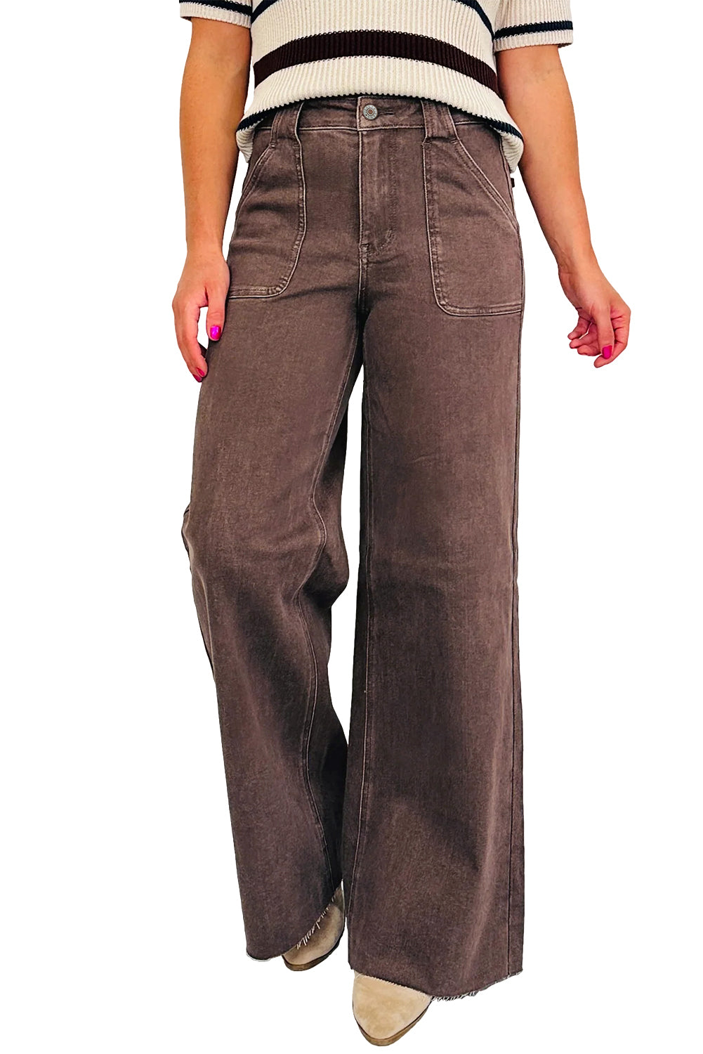 Dark Brown Retro Washed Patch Pocket Wide Leg Loose Jeans
