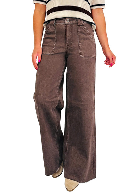 Dark Brown Retro Washed Patch Pocket Wide Leg Loose Jeans